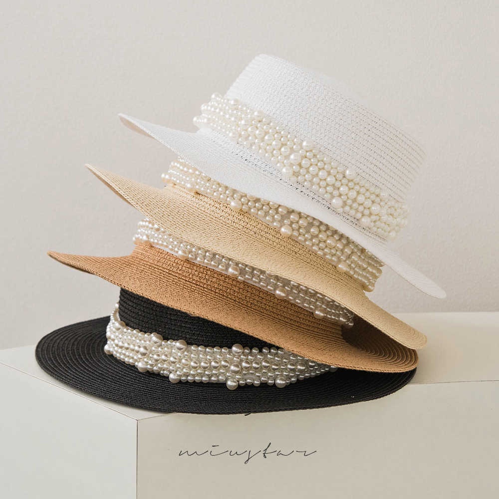 MIUSTAR 時尚珍珠裝飾遮陽編織草帽(共4色)0328 預購【NL3665】