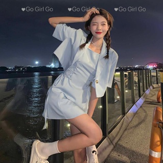 Go Gril Go 套裝女 夏季兩件套韓版2023新款設計感甜酷西裝短款寬松短袖小西服女套裝