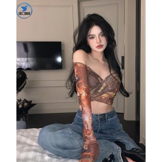 JIAREN激發野性~辣妹扎染印花抽繩長袖上衣 性感短版露肚t恤外套 短版性感爆乳T恤 綁帶T恤 短版上衣/免運