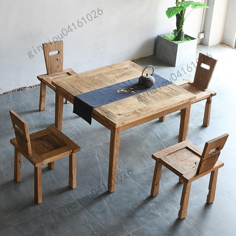 免運 實木餐桌家用小戶型老榆木餐桌椅組合飯桌門板風化木方桌家具定制