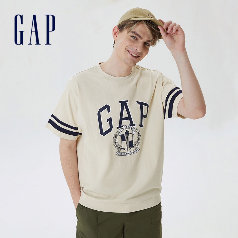 Gap 男女同款 Logo短袖T恤 厚磅密織水洗棉系列-灰白色(670052)