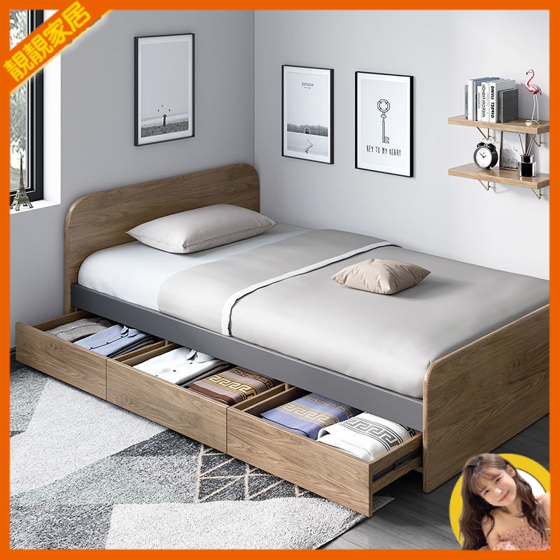 實木床架 雙人床架  高架床 掀床 單人床 鐵製床 單人床1米1.2米小戶型傢用北歐帶儲物櫃ins風簡約現代經濟型