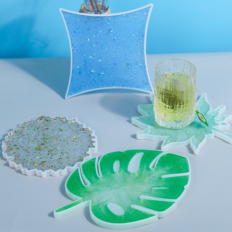 杯墊模具 樹葉 楓葉 菱形底座模具 鏡面 擺臺托盤模  diy水晶滴膠硅膠模具
