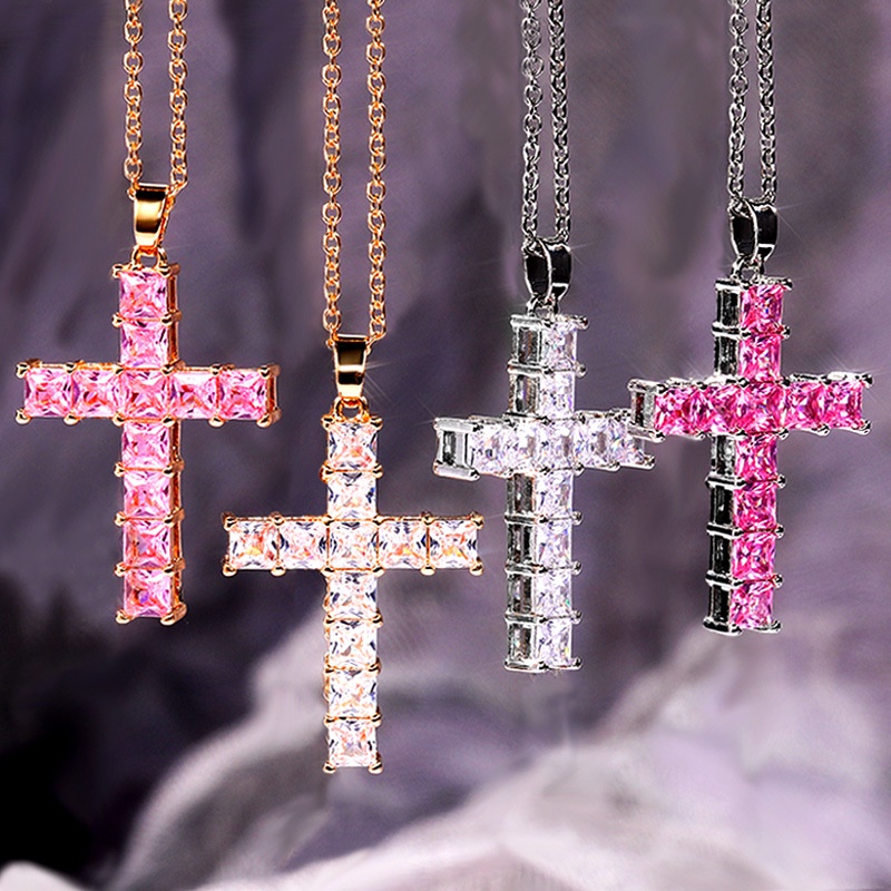 ღ LaLa-水晶專場 ღ水晶十字架 項鍊配飾 粉色鑽石 超閃首飾 基督教禱告 紀念禮物