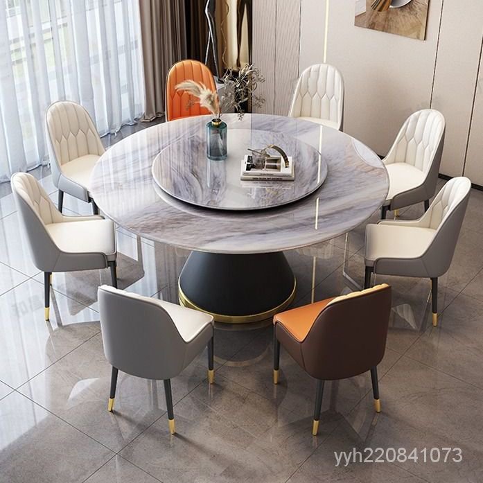 餐桌 創意餐桌 超晶石圓桌輕奢大理餐桌椅組閤圓桌現代帶轉盤餐廳飯桌高檔簡約