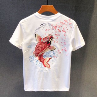 民族風 刺繡上衣國潮刺繡上衣夏季新款短袖t恤男士韓版潮牌時尚百搭休閑圓領體恤