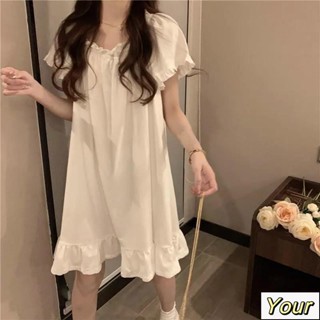 【Your】大尺碼睡衣 ins風睡衣女夏天甜美睡裙短袖薄款公主風學生可愛網紅顯瘦連衣裙