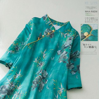改良薴麻旗袍長裙 斜襟印花棉亞麻連衣裙 日系穿搭 韓版洋裝 夏天長裙 大尺碼洋裝 夏天洋裝 顯瘦洋裝 夏天連身裙