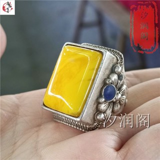 玉石戒指 指環 古玩古董清代黃蜜蠟雙福方戒面老銀鑲嵌開口銀戒指足銀扳指銀手飾