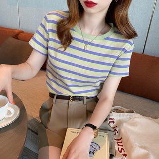 GALA衣櫥 95棉網紅條紋短袖T恤2021年夏季新款女裝修身上衣學生韓版打底衫