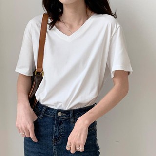 【Sweet Oversize】冰絲黑色V領短袖T恤女內搭2025年春夏季新款寬鬆韓版打底半袖上衣