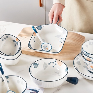 簡約 格調 釉下 彩 陶瓷 菜盤 碗 碟 家用 輕奢 風 套裝 瓷碗 筷 烤盤 餐具 簡約餐具 陶瓷碗盤套裝