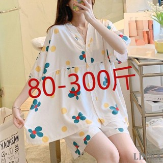 LINNA大尺碼睡衣 家居服 特大碼胖mm寬松睡衣女2023春夏款短袖短褲夏套裝家居服可外穿印花