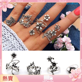 ♛♛4 件/套簡約中國風經典指節戒指鏤空雕刻花朵疊戒指