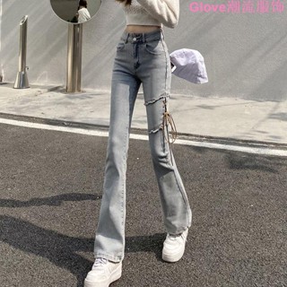 🌷臺灣出貨🌷辣妹別致小眾設計感淺色綁帶牛仔褲女春季彈力高腰顯瘦chic微喇叭牛仔褲女 潮流 破洞褲 喇叭褲 直筒褲