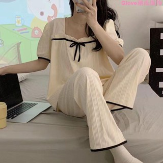 網紅睡衣女士夏季短袖ins韓版可愛甜美學生蝴蝶結家居服薄款套裝冰絲 短袖 套裝 韓版 女生睡衣 休閒 居家服 睡衣女