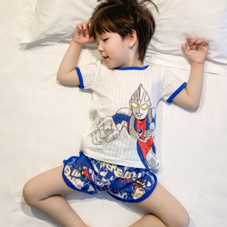 ✨男童睡衣套裝✨涼感睡衣 韓國卡通家居服 薄紗背心睡衣 夏季兒童睡衣男童短袖2023年新款純棉薄款寶寶男孩奧特曼夏款套裝