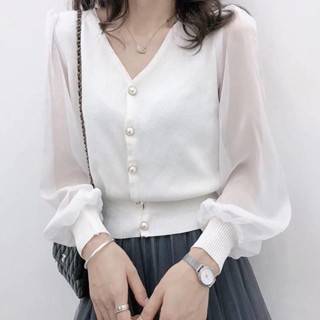 【Sweet Oversize】洋氣小眾蕾絲雪紡針織上衣女2025春新款短款開衫夏季長袖打底衫潮