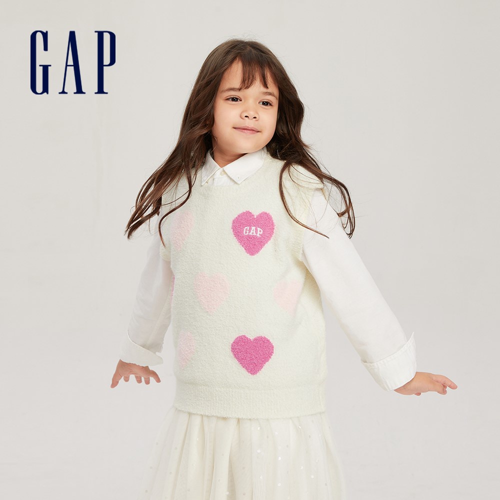 Gap 女童裝 Logo刺繡刷毛針織背心-米色(719033)