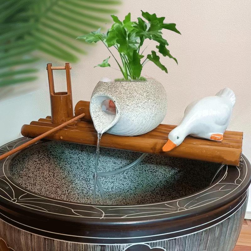 陶瓷魚缸竹子流水過濾器圓缸水缸增氧魚缸過濾循環係統造景擺件