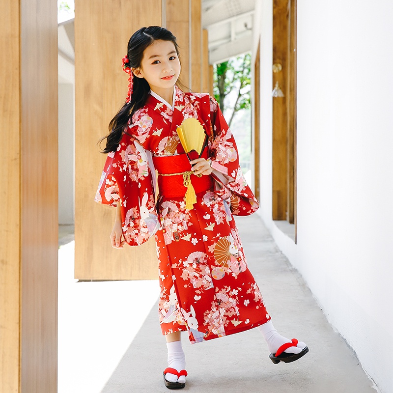 新款桔子點點日本兒童暗紅祈愿兔童裝改良和服日式浴衣女童演出服