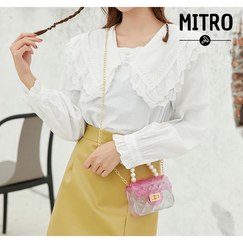 【M I T R O】-透明果凍包 PVC新款果凍包包女 側背包 珍珠提手斜背包 小方塊手提包 斜跨包 清新甜