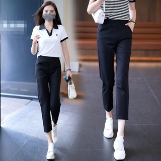 夏季薄款長褲 八分運動休閑褲女 氣質長褲 高腰 顯瘦 西裝褲女 彈力松緊腰長褲 九分哈倫褲 女生褲子「樂購」