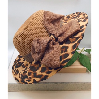 韓系造型款豹紋樣式大蝴蝶結手工編織草帽