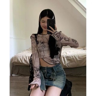 網紗 疊穿 打底衫💕 設計感印花圓領長袖防曬衫女春夏休閑打底衫顯瘦百搭薄款T恤潮 女生上衣 內搭