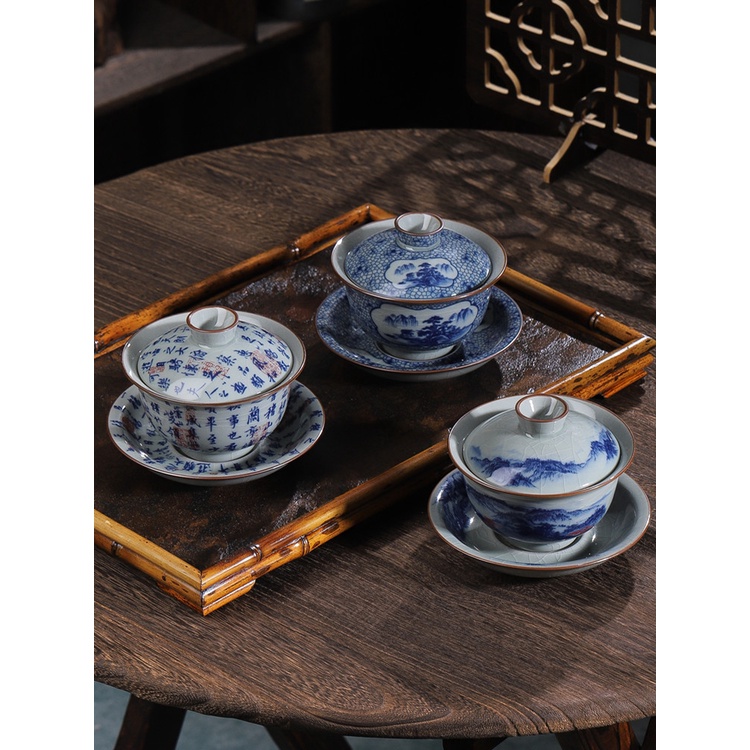 景德鎮 青花瓷 蓋碗 茶杯 茶具 泡茶碗 辦公 家用 大號 陶瓷 功夫 三才碗 單個 青花瓷茶具 景德鎮陶瓷