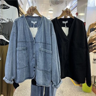 【微胖仙女初秋必備】胖MM特大尺碼150公斤秋季港味文藝風V領寬鬆長袖休閒小外套牛仔外套女潮大尺碼外套mk