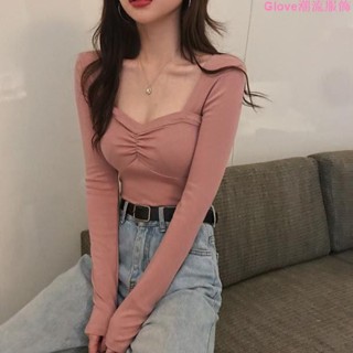 🌷臺灣出貨🌷2020秋裝新款女潮ins學生內搭心機方領上衣修身顯瘦長袖打底衫春秋裝上衣 打底衣 春秋薄長袖上衣