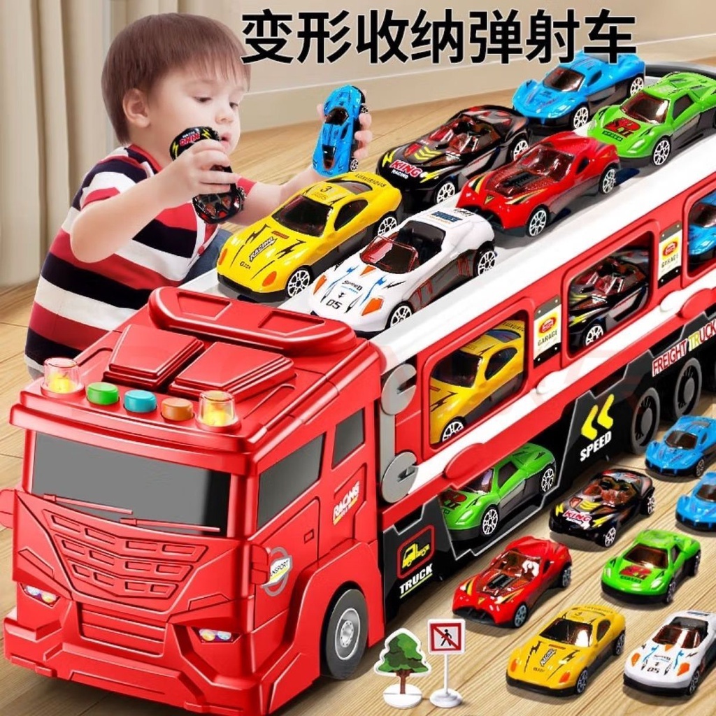 新品玩具🔥多軌道變形彈射大卡車折疊兒童玩具車合金車跑道賽車收納貨柜玩具