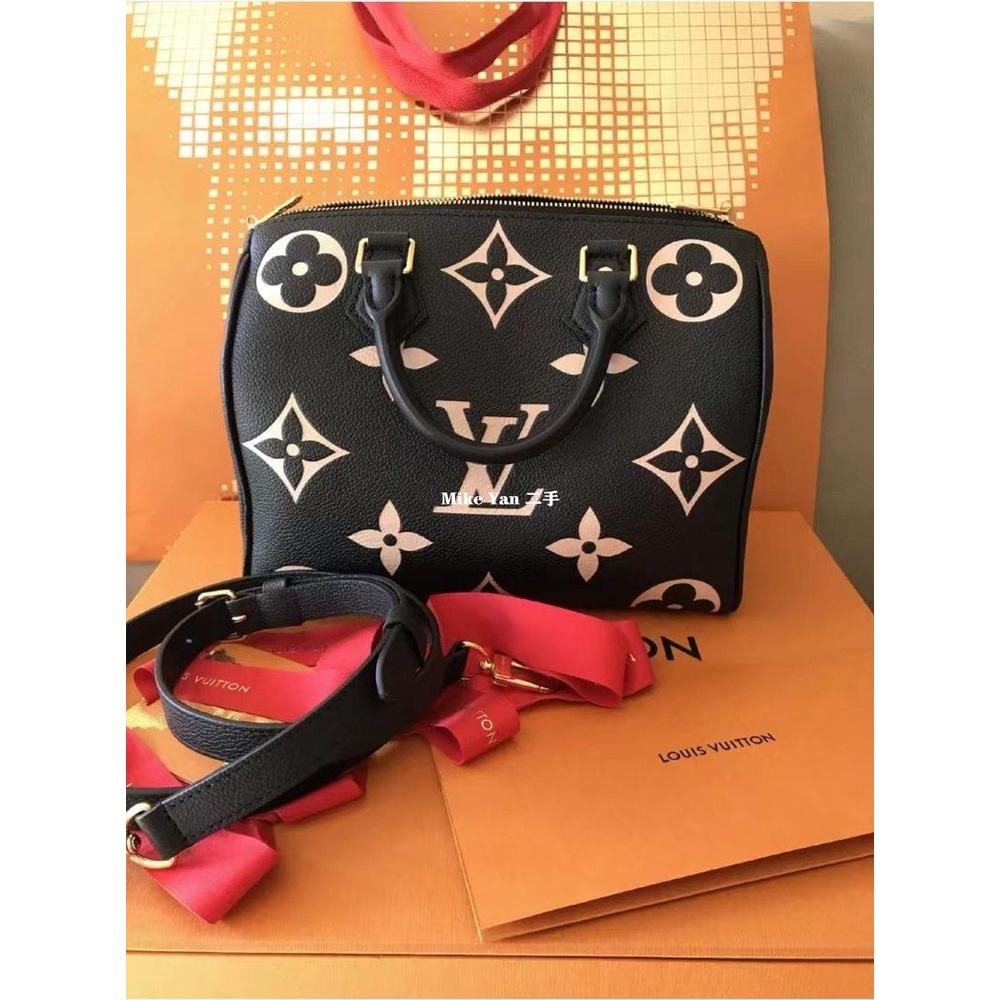 【二手99新】LV/路易威登22春夏新款SPEEDY 25系列黑色壓紋粒面牛皮單肩斜跨包