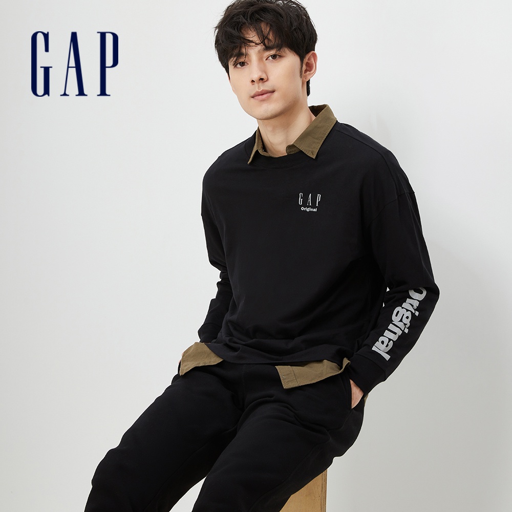 Gap 男裝 Logo印花圓領長袖T恤-黑色(773174)