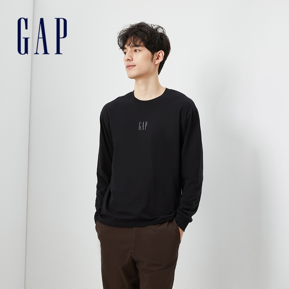 Gap 男裝 Logo純棉圓領長袖T恤-黑色(810625)