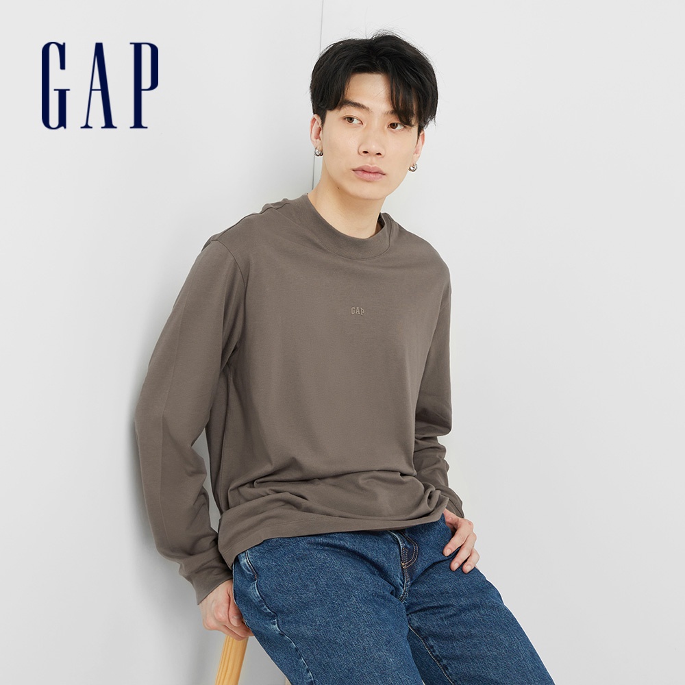 Gap 男裝 Logo純棉圓領長袖T恤-亞麻棕(810626)