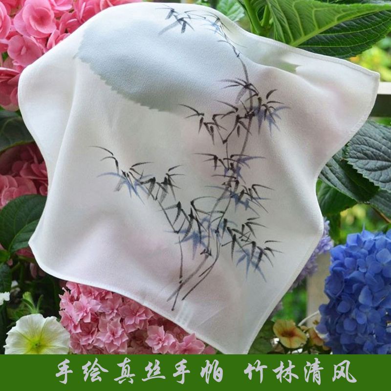 中國畫古風手繪真絲手帕100%桑蠶絲女士絲綢手絹隨身擦汗吸水手巾