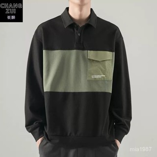 【精品男裝】春秋新款polo衫男士撞色翻領拚接長袖T恤日係大碼寬鬆衛衣打底衫 CXTI