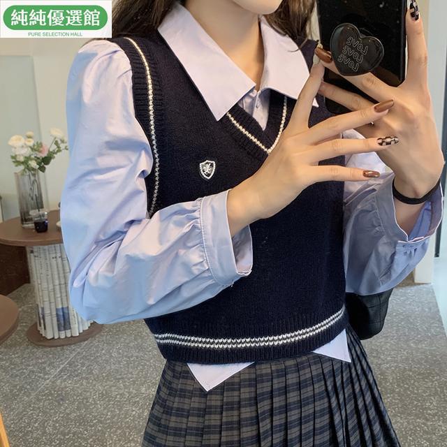 【現貨 免運】JK制服 JK套裝 馬甲背心 襯衫套裝 兩件套裝/單件學院風秋季短款V領針織背心馬甲女背心學生襯衫女潮