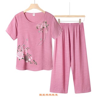 靚麗媽媽服裝 夏季中老年睡衣 女仿棉麻媽媽套裝短袖褲子大碼寬舒適可外穿家居服