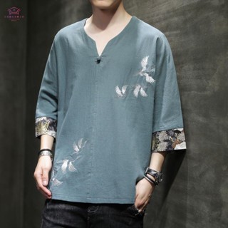 【臺出】中式休閒襯衫男 中國風男裝夏季薄款大碼亞麻t恤復古棉麻衣短袖T恤胖子半袖唐裝潮
