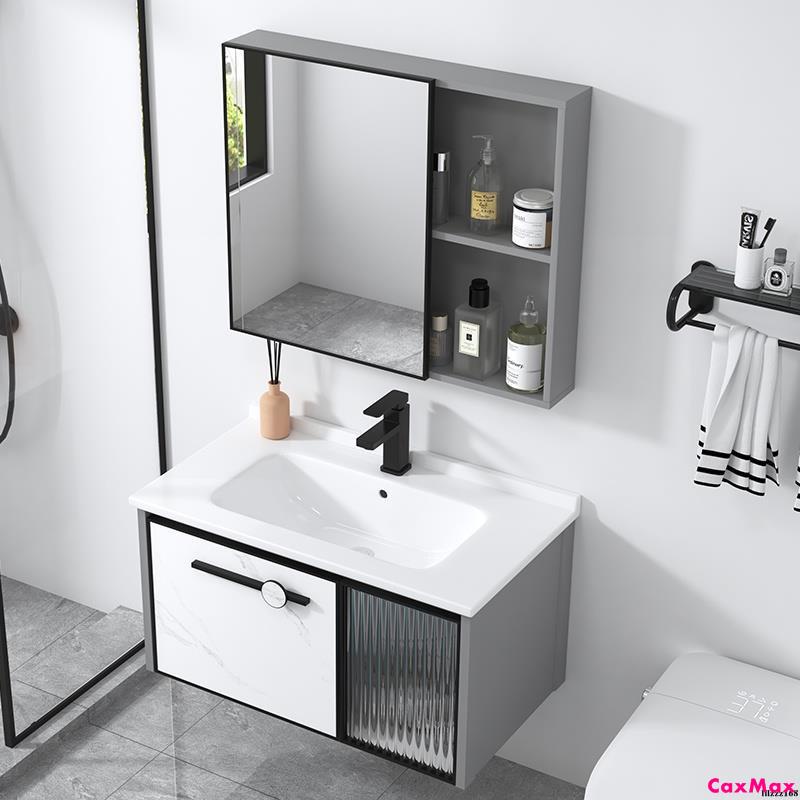 CaxMax  2色可選 衛浴 輕奢太空鋁浴室櫃組合衛生間洗手盆櫃現代簡約洗漱臺小戶型洗臉盆 掛牆式鏡面櫃 衛生間壁掛收