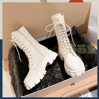 【西西時尚靴】馬丁靴女2021春鞦新款白色薄款中筒透氣厚底單靴潮流百搭機車短靴