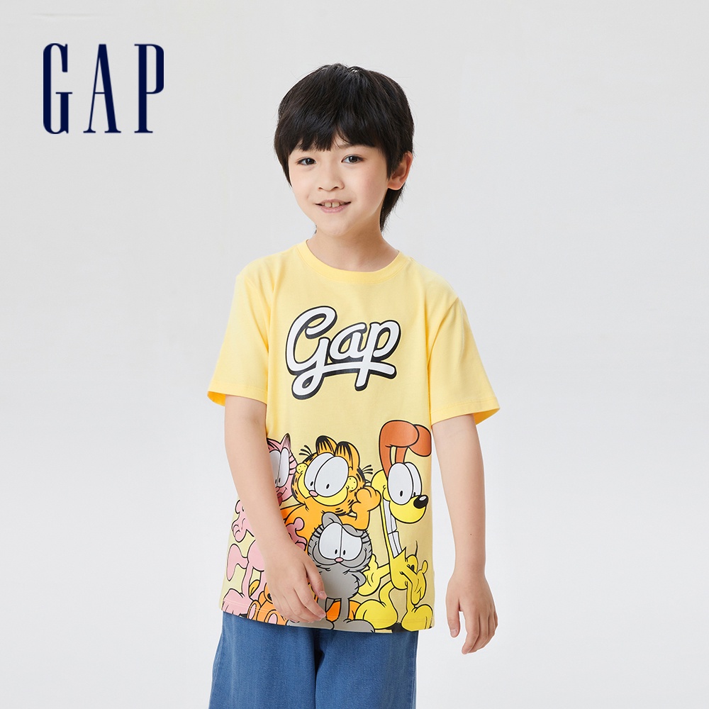 Gap 兒童裝 Gap x GARFIELD加菲貓聯名 Logo純棉印花短袖T恤-黃色(659071)