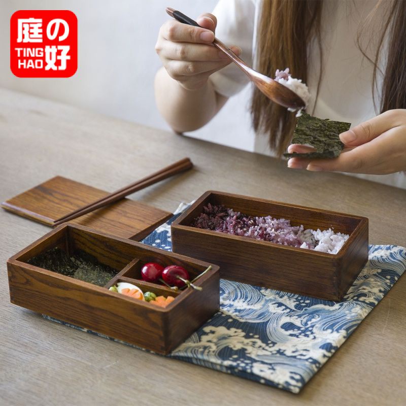 木製便當盒 大樟葉木製飯盒 四方兩層 便噹盒實木壽司盒 長方形雙層餐具