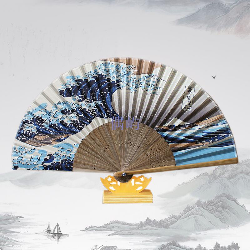日本折扇 和風裝飾扇 絲綢絹扇子 櫻花海浪扇 日式店鋪裝飾品團扇 偶屿