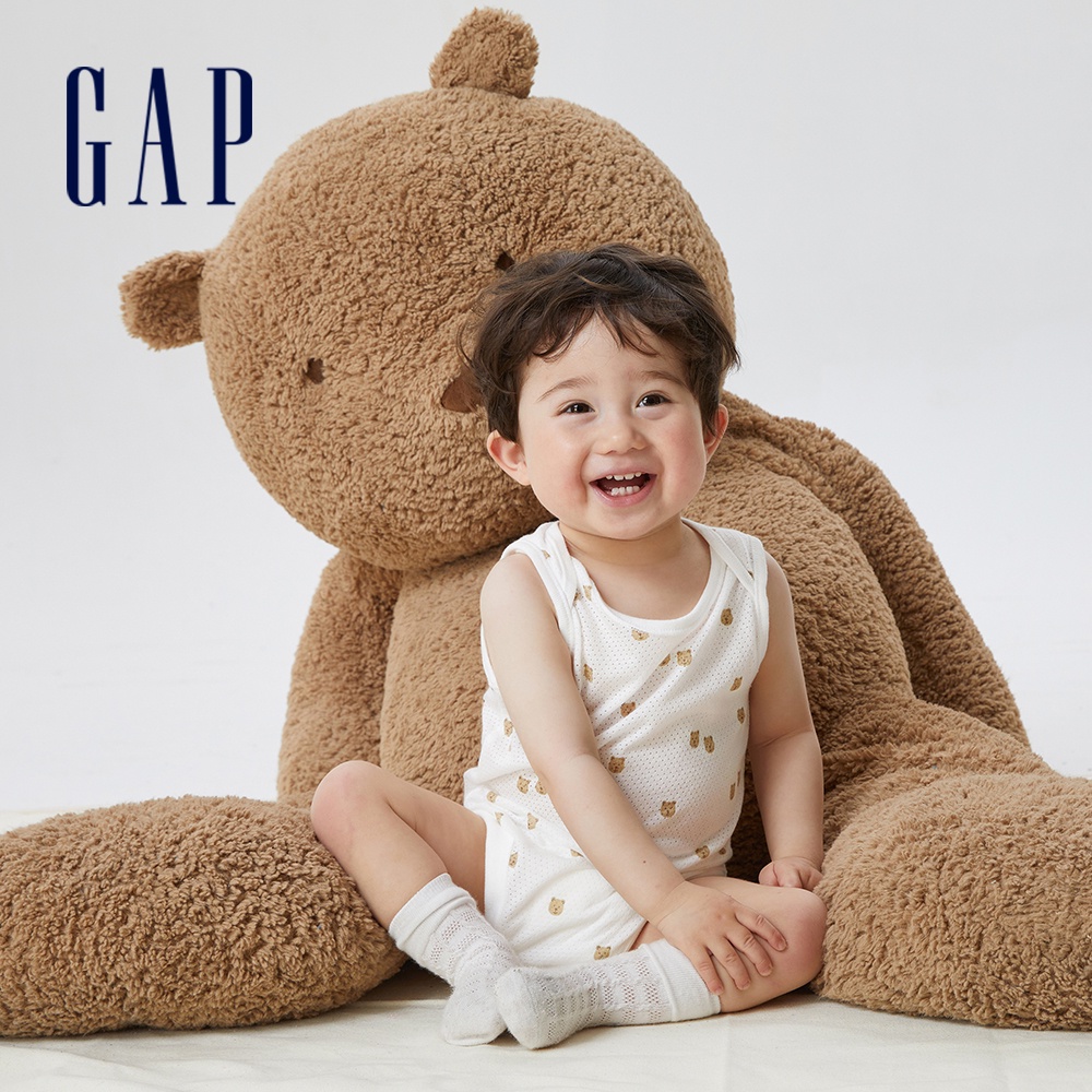 Gap 嬰兒裝 Logo/小熊印花無袖包屁衣-白色(661285)