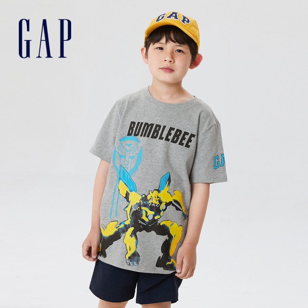 Gap 男童裝 Gap x TRANSFORMERS變形金剛聯名 Logo純棉印花短袖T恤-灰色(659073)