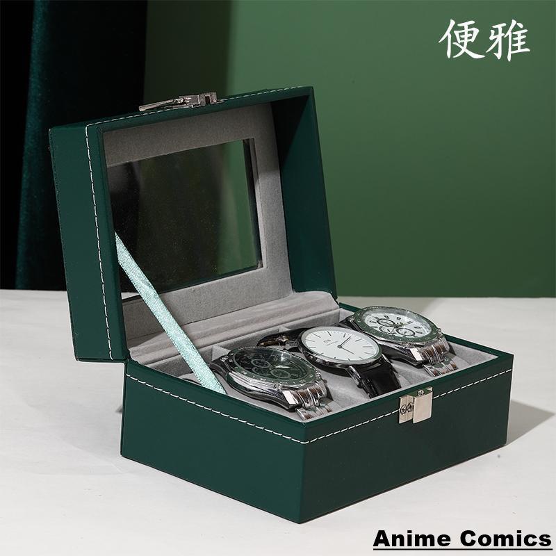 ❤新品❤便雅家庭裝3位綠色手錶收納盒皮革天窗手錶箱個人腕錶收藏盒子
